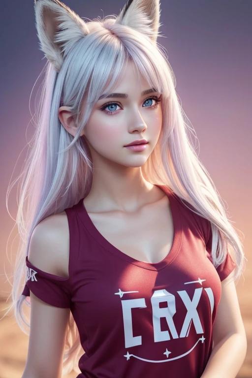  1 Girl, Medium Tits, Starry Eyes, (8k, RAW Photo, High Sensitivity, Best Quality, Masterpiece, Ultra High Resolution, Realism: 1.25), Blush, (Very Detailed CG Unity 8k Wallpaper, Best Quality, High Resolution: 1.2), (ultra_detailed, UHD: 1.2), Perfect Lighting, Unique, (1 Girl: 1.4), (Pretty Girl: 1.2), Unreal Engine, Side Light, White Hair, Fox Ears, Purple Eyes, Perfect Face, Detailed Face, Perfect Body, Beautiful Eyes, Beautiful Face, (Bright Skin: 1.4), Idol, (Full Body), Red T-shirt, Transparent,