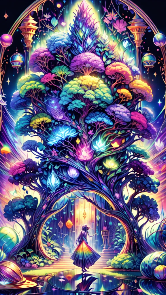 Long Hair Girl(born物発光による)Long dress standing near the doorway, The atmosphere is chaotic, Lots of fire, lava river, Hell, Fluorescent Portal, Cthulhu is visible on the other side of the portal,16K, Ultra-high resolution, Ultra-high resolution, born,Fantastic ,future、Shining in rainbow colors、The world 30 years from now。