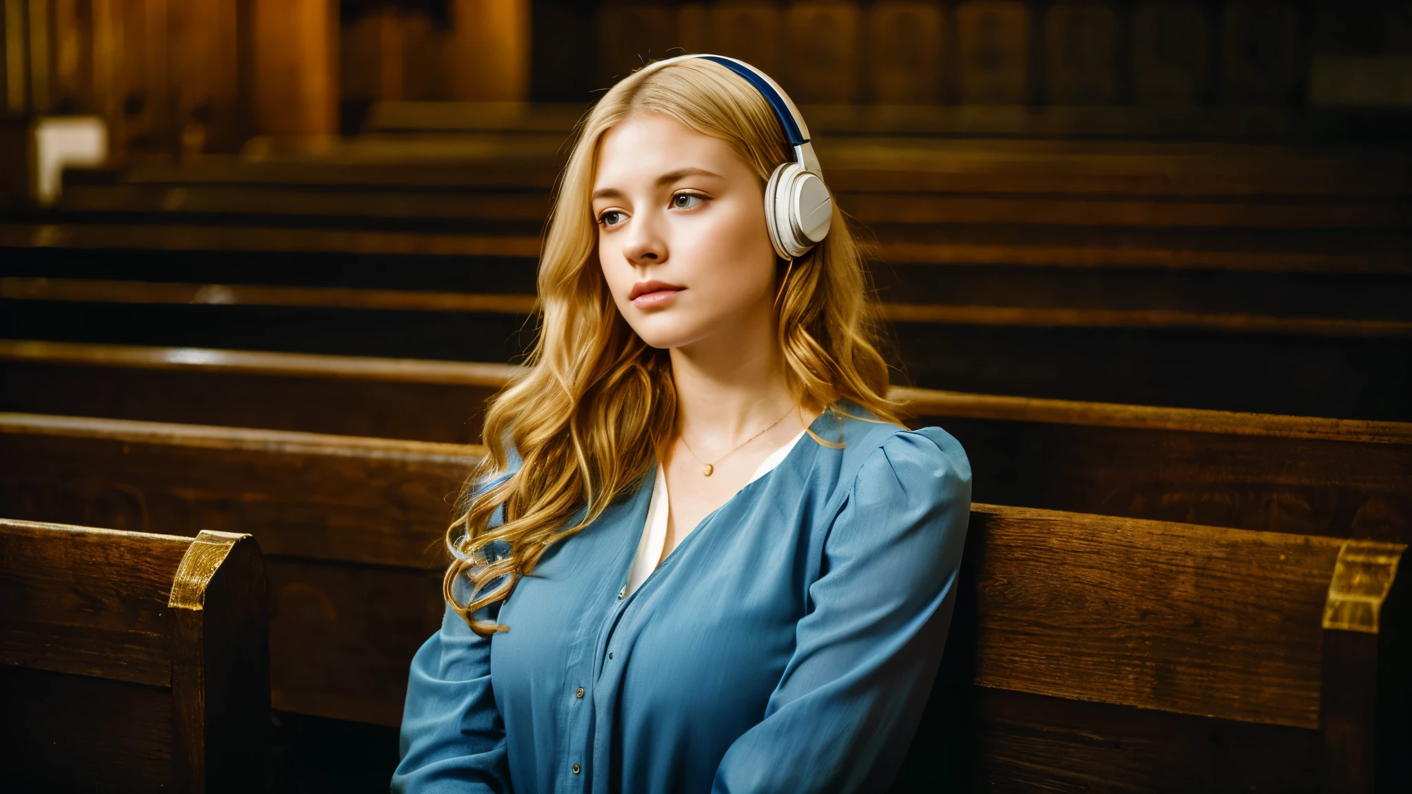 Beautiful blonde with large breasts in mourning clothes (Sitting in a pew in a dark church),Wearing headphones,Very detailed, 21 years old, Innocent face, Naturally Wavy Hair, blue eyes, High resolution, masterpiece, Highest quality, Intricate details, Very detailed, Clear focus, Delicate skin, practical skin texture, texture, Delicate eyes, Professional, 4K, Sad crying face, Shot with Canon, 85mm, Shallow and deep, Kodak Vision Color, Exactly, Very detailed, photograph_\(Extremist\), photographpractical, practical, Post-processing, Maximum details, Roughness, Real Life, Extremist practical, Photorealism, photographgraphy, 8K Ultra HD, photographgraphy