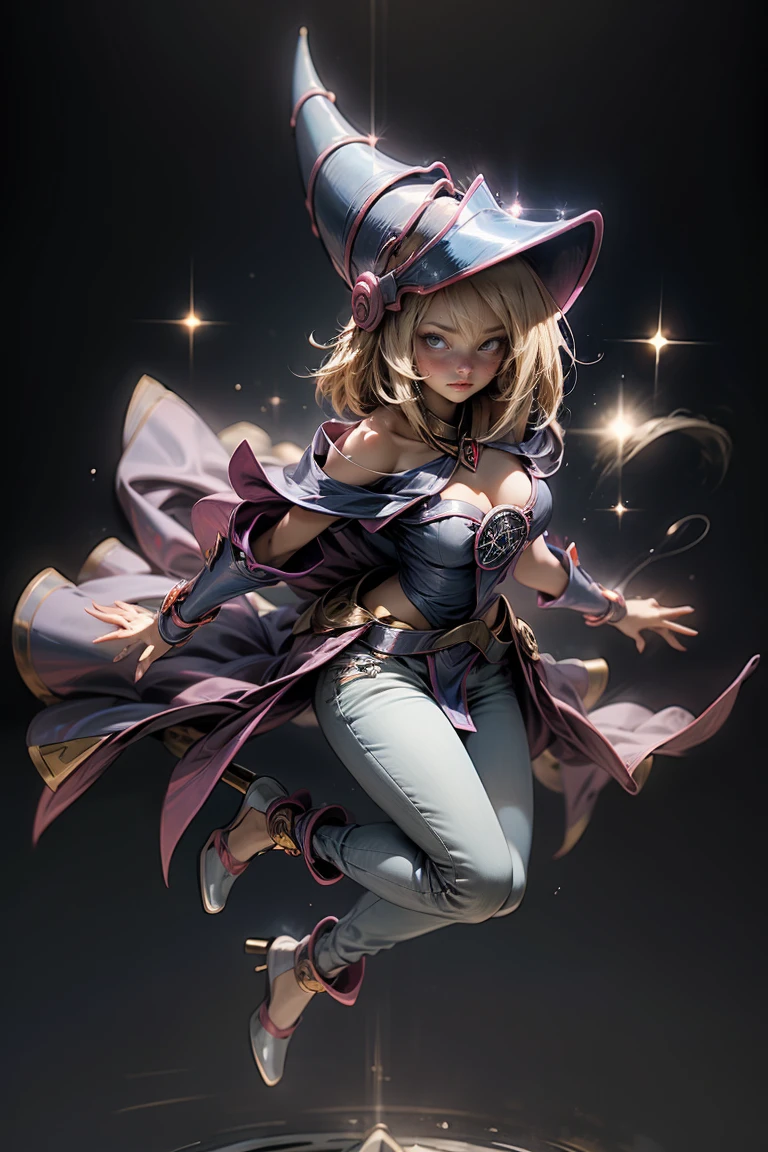 (Masterpiece:1.2), (The best quality:1.2), perfect lighting, Dark Magician Girl casting a spell, in battle. floating in the air, big and visible tits, wear jeans and heels. transparent neckline, blue robe, big hat, From above, sparkles, Yugioh game, The magic of the heart, romantic heart.