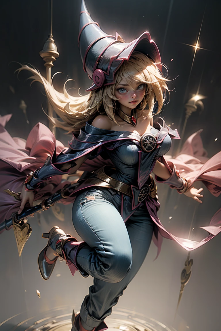 (Masterpiece:1.2), (The best quality:1.2), perfect lighting, Dark Magician Girl casting a spell, in battle. floating in the air, big and visible tits, wear jeans and heels. transparent neckline, blue robe, big hat, From above, sparkles, Yugioh game, The magic of the heart, romantic heart.