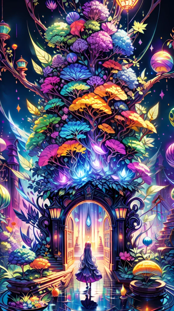 Long Hair Girl(born物発光による)Long dress standing near the doorway, The atmosphere is chaotic, Lots of fire, lava river, Hell, Fluorescent Portal, Cthulhu is visible on the other side of the portal,16K, Ultra-high resolution, Ultra-high resolution, born,Fantastic ,future、Shining in rainbow colors、The world 30 years from now。