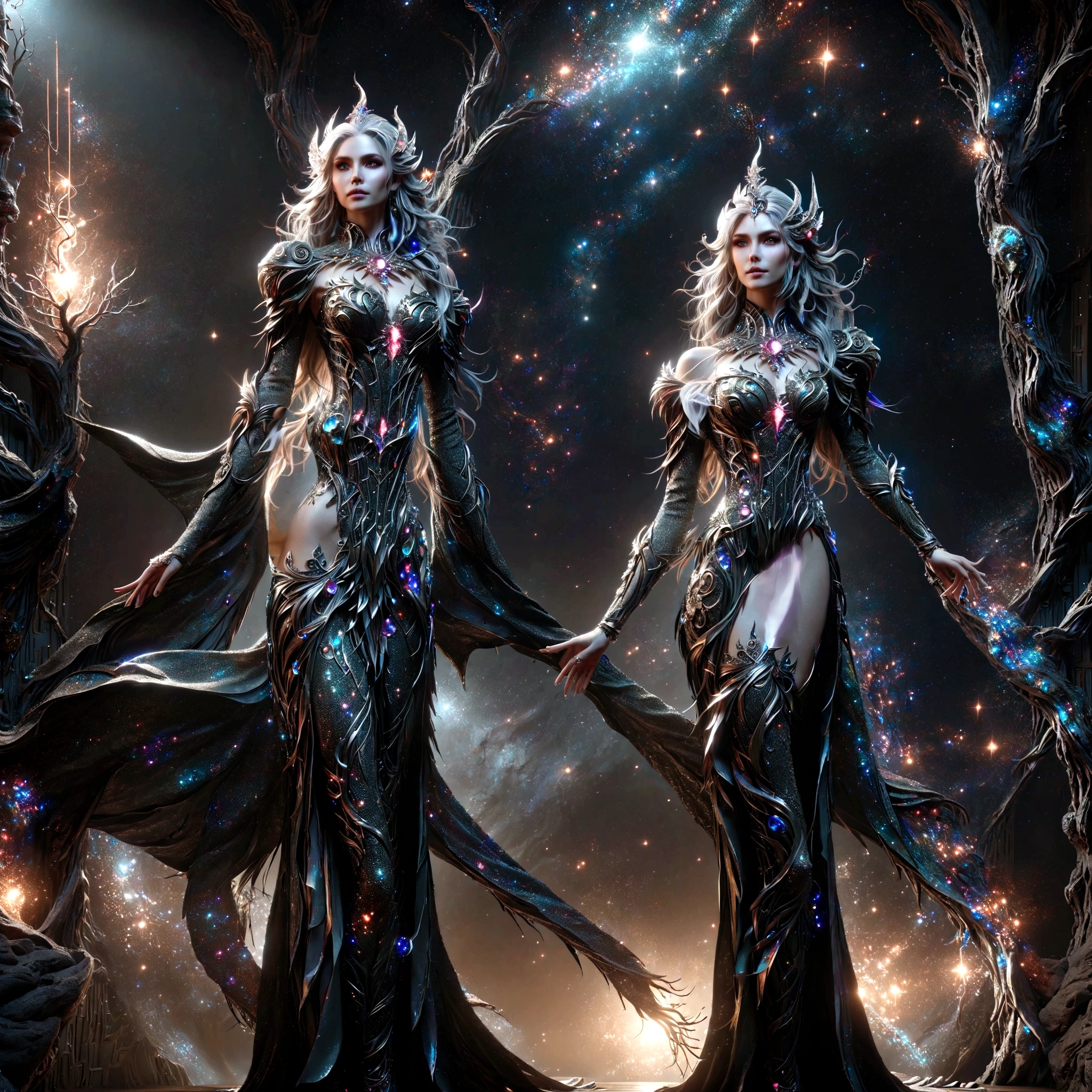 two women in costumes standing next to each other in a dark room, stuning fantasy 3 d render, trendin on artstation, abaddon and magali villeneuve, 2. 5 d cgi anime fantasy artwork, 3 d render character art 8 k, stunning cgsociety, beautiful sci - fi twins, 4k fantasy art, devianart and cgsociety