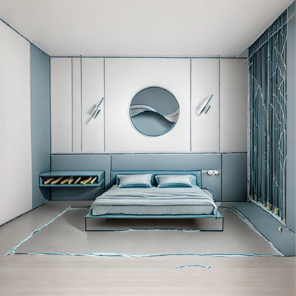 The bedroom has 1 modern bed, gray painted walls, 1 window curtain, circular bedside decorative painting, 1 plush carpet, 1 dressing table, luxurious colors, tiled floor