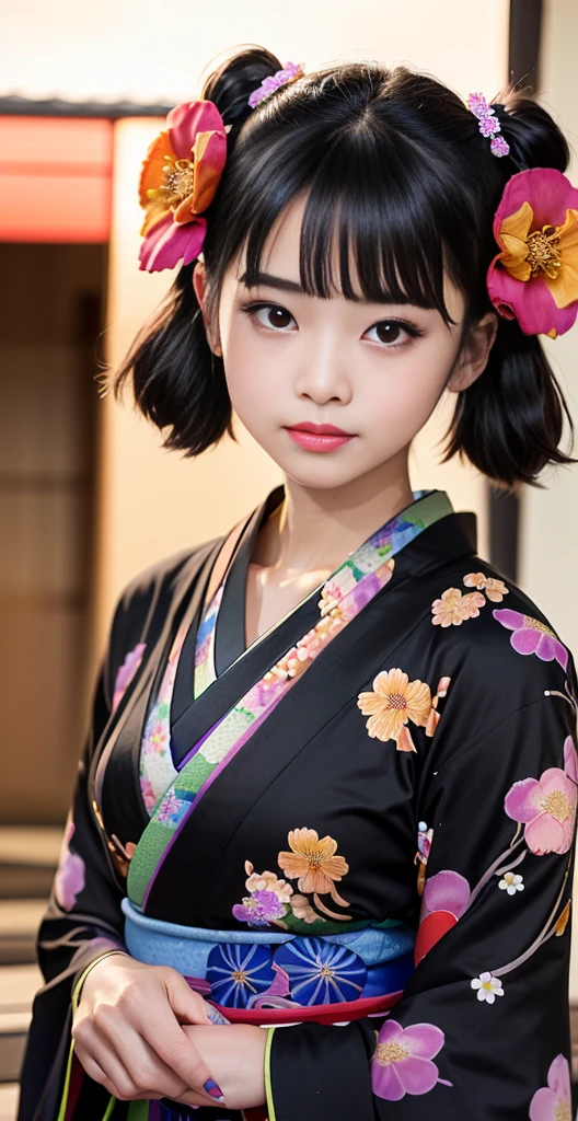 (8k、Raw photography、highest quality、masterpiece:1.2),(black haired、very short hair:1.8),(short twin tails:1.4)、show viewer,Looking at the front,erotic,白いskin,(Wearing a kimono with a colorful floral pattern:1.7)、()、(Clothing that emphasizes the shape of your chest、publish one'skin:1.4)、(big breasts :1.2)、slim body shape、ultra high resolution,beautiful,beautiful fece,(alone、no background:1.9),whole bodyボディー,japanese woman,(Photoreal:1.37)、photon mapping,reality、(-face cute: 1.0)、(cute smile: 1.7)、(With a round face: 1.7)、radio city、Physically based rendering、depth of field rally background、photograph, (I can see your knees,close up of thighs:1.5),whole body、super fine