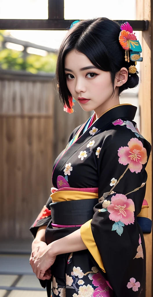 (8k、Raw photography、highest quality、masterpiece:1.2),(black haired、very short hair:1.8),(short twin tails:1.4)、show viewer,Looking at the front,erotic,白いskin,(Wearing a kimono with a colorful floral pattern:1.7)、()、(Clothing that emphasizes the shape of your chest、publish one'skin:1.4)、(big breasts :1.2)、slim body shape、ultra high resolution,beautiful,beautiful fece,(alone、no background:1.9),whole bodyボディー,japanese woman,(Photoreal:1.37)、photon mapping,reality、(Baby-faced and cute: 1.0)、(cute smile: 1.7)、(With a round face: 1.7)、radio city、Physically based rendering、depth of field rally background、photograph, (I can see your knees,close up of thighs:1.5),whole body、super fine