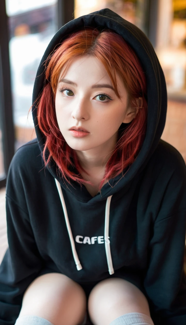 1 girl, Red hair, Coiled hairstyle, Wisps of hair on the face, Red Eyes, mascara, Oversized Hoodie, diaphragm, Hot Pants, Tights, laced Tights, Eye bags, sit, cafes, Ground angle shot, The audience looks up, feet in Tights, Sagging breasts, Shock, Original Photography, 8K, masterpiece,