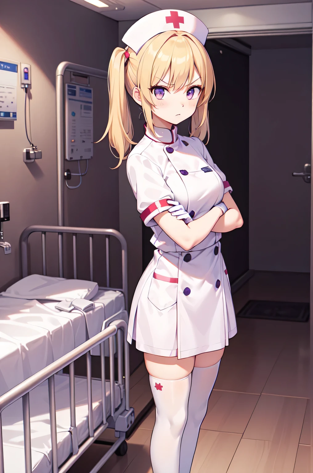 1girl, solo, nurse, nurse cap, white nurse uniform, ((white legwear, zettai ryouiki)), white gloves, twintails, yellow hair, purple eyes, angry, crossed arms, standing, ((hospital room)), sharp outline, short sleeves, best quality, masterpiece