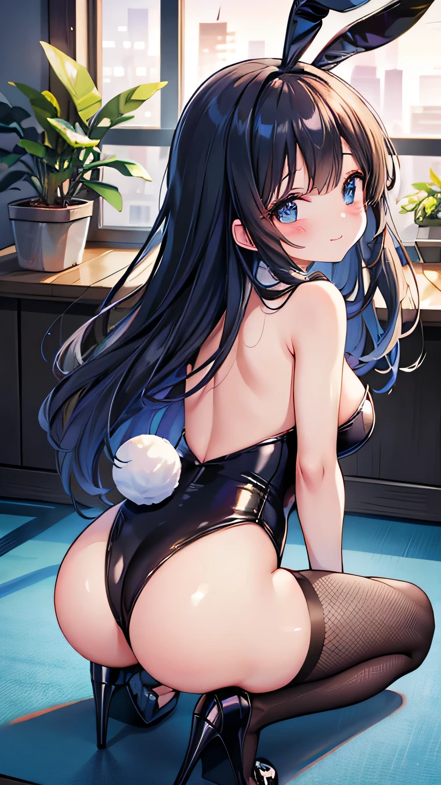 Highest quality、Playboy、(Bunny girl)、Fishnet tights、High heels、Bunny Suit、Show Viewer、((Angle from the buttocks))、((Butt Emphasis))、 On all fours、((Place your elbows on the floor))、((Attach your cheeks to the floor))、smile、Futuristic Living Room、indirect lighting、Room with houseplants、From the window you can see the valley between the city's buildings、Night view、Silver short hair、Beautiful Eyes、Beautiful Face、Delicate eyes
