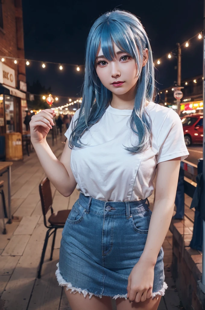 ((Tabletop)), ((Highest quality)), (Super detailed), ((Very detailed)), 4K, (8K), Highest quality, (beautiful), city, Backstreets, Winters, cute, One Girl, alone, Rock punk, The costume, beautiful light blue hair 0, ((beautiful eyes)), Big ample breasts,