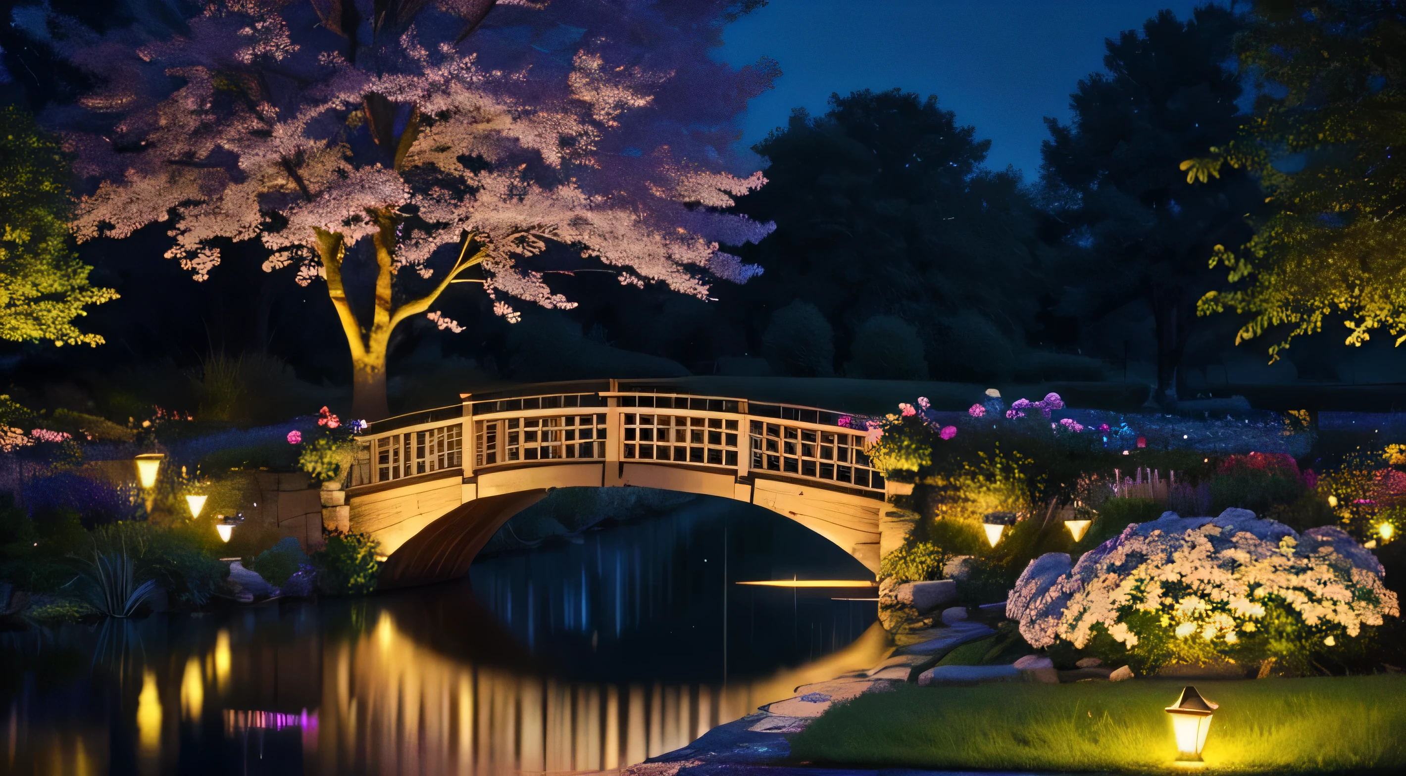 There is a garden with a pond and a bridge, garden with many colorful flowers and trees, a lake in the middle dividing the landscape into two, a bridge that connects the two ends, night ambience, night of stars, shining moon, great quality, dynamic light, dynamic shadows, professional photograpy, best qualityer, dream landscape, divine lighting, Fantastic lighting, enchanted garden, enchanted night, radiant and colorful lights, mystical lights