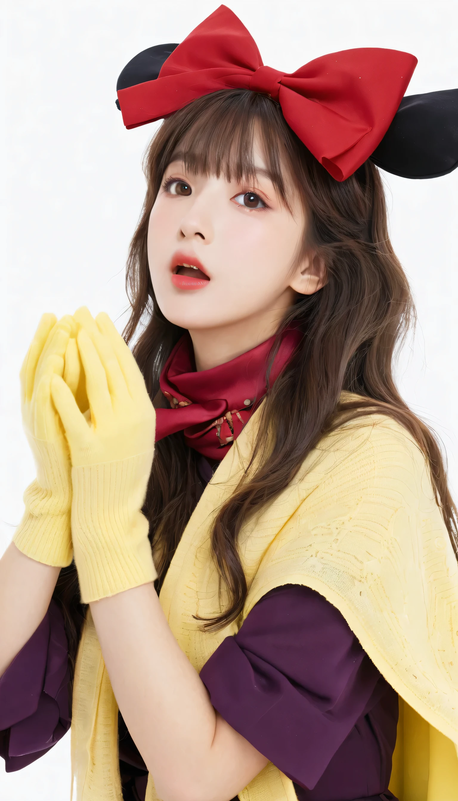 km, 1 Girl, Ascot, blush, bow, Brown eyes, Brown hair, hair bow, Capillary, Japanese clothes, Long hair, Gloves, Unconventional witch, One hour challenge, open mouth, portrait, red bow, red Gloves, scarf, Side lock, Simple background, Solitary, White background, yellow Ascot, yellow scarf