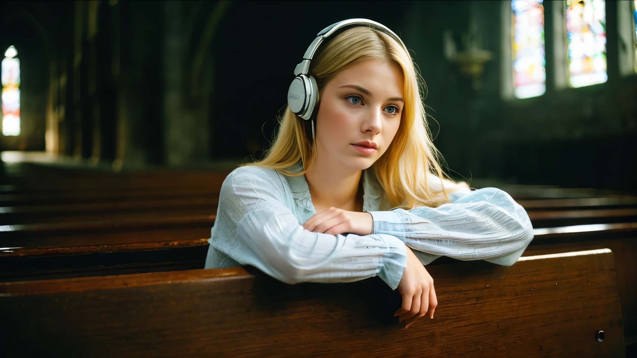 Beautiful blonde with large breasts in mourning clothes (Sitting in a pew in a dark church),Wearing headphones,Very detailed, 21 years old, Innocent face, Naturally Wavy Hair, blue eyes, High resolution, masterpiece, Highest quality, Intricate details, Very detailed, Clear focus, Delicate skin, practical skin texture, texture, Delicate eyes, Professional, 4K, Sad crying face, Shot with Canon, 85mm, Shallow and deep, Kodak Vision Color, Exactly, Very detailed, photograph_\(Extremist\), photographpractical, practical, Post-processing, Maximum details, Roughness, Real Life, Extremist practical, Photorealism, photographgraphy, 8K Ultra HD, photographgraphy