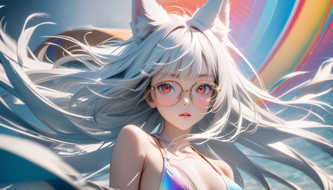 best quality, 8K, original photo, Ridiculous, Extremely detailed, Fox ears,baby face, No makeup, Gentle and focused, slim, Perfect proportion, White straight hair, (wind, wind-effect), Red Eyes, Various visual styles for backgrounds,combines various artistic elements,like a sparkling iridescent rainbow,White Fox Girl,swimsuit,Gold frame glasses
