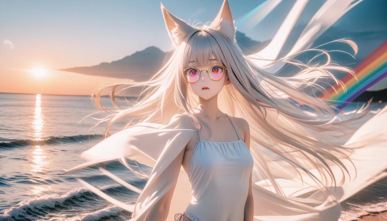 best quality, 8K, original photo, Ridiculous, Extremely detailed, Fox ears,baby face, No makeup, Gentle and focused, slim, Perfect proportion, White straight hair, (wind, wind-effect), Red Eyes, Various visual styles for backgrounds,combines various artistic elements,like a sparkling iridescent rainbow,White Fox Girl,swimsuit,Gold frame glasses