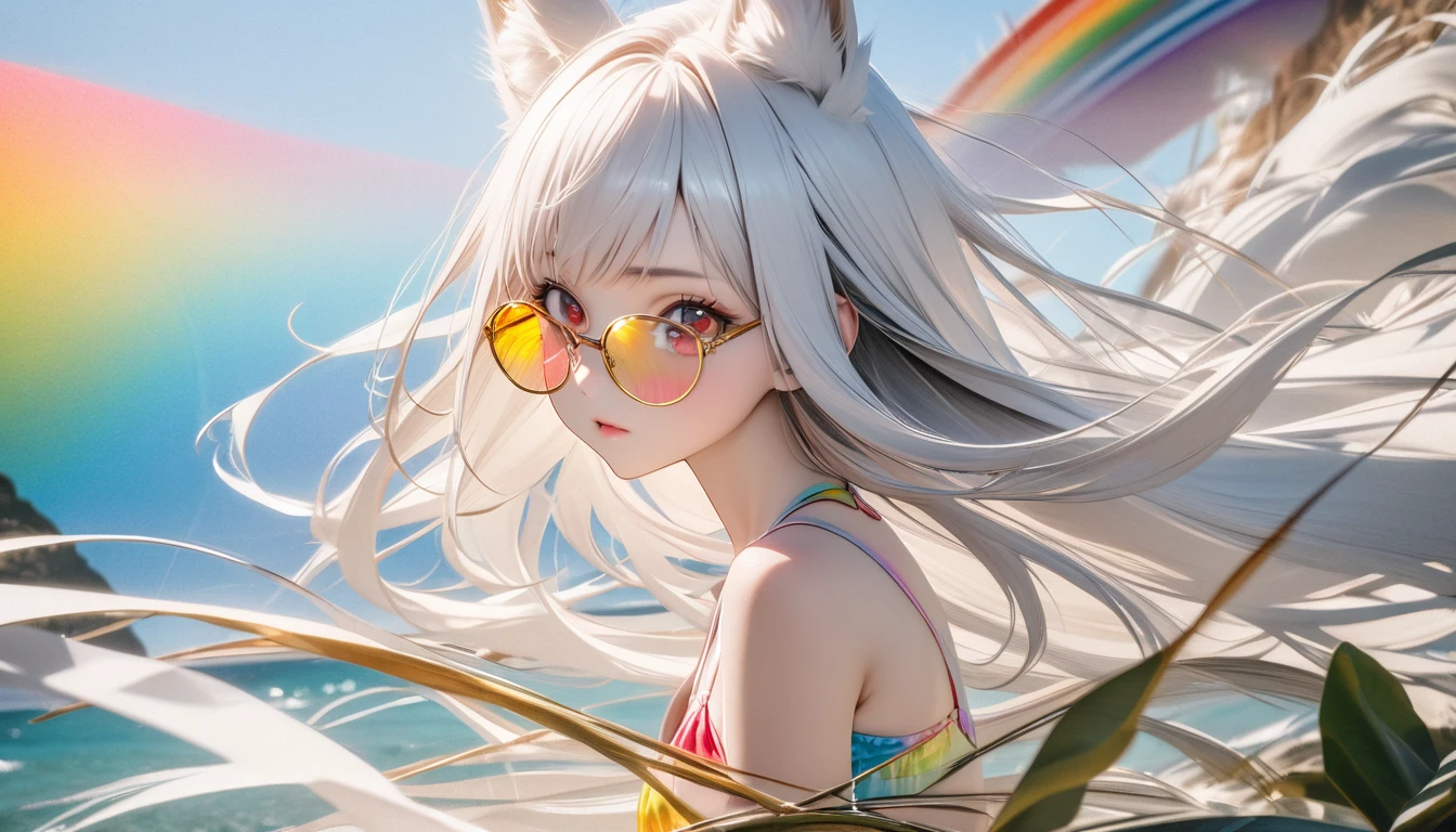best quality, 8K, original photo, Ridiculous, Extremely detailed, Fox ears,baby face, No makeup, Gentle and focused, slim, Perfect proportion, White straight hair, (wind, wind-effect), Red Eyes, Various visual styles for backgrounds,combines various artistic elements,like a sparkling iridescent rainbow,White Fox Girl,swimsuit,Gold frame glasses