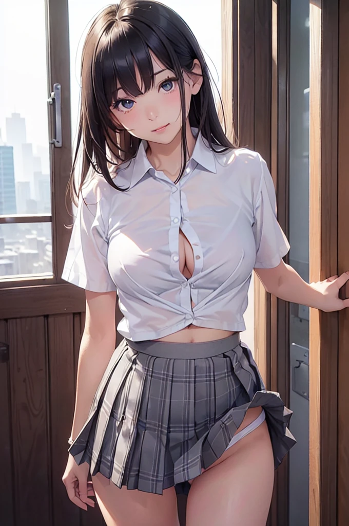 (Masterpiece:1.3、highest quality、Ultra-high resolution、Super detailed)、(Real:1.1、Photorealistic:1.4)、Beautiful illustrations、Perfect lighting、colorful、Border Depth、Beautiful hair in every detail、Beautiful face in every detail、Beautiful definition details、Beautiful clavicle、Beautiful body、Beautiful breasts、Beautiful thighs、Beautiful legs、Beautiful fingers、Show Viewer、1 girl、Japanese、high school girl、Perfect Face、(Perfect Anatomy、Anatomically correct)、Cute and symmetrical face、Baby face、Skin radiance、(Camel Toe:1.5、Shaved:1.2)、Blond hair、Asymmetrical Bangs、blue eyes、Long eyelashes、(Chest)、Skinny、(Pull up your skirt、Not wearing underwear、No underwear:2、No bra:1.5)、((Collared short-sleeved shirt、White shirt、White panties、)Grey plaid pleated skirt、There is nothing attached under the skirt))、(Beautiful views)、evening、(Outdoor、distant cityscape)、Are standing、(She's pulling up her skirt herself:2)、(Cute smile、Blushing、Looking up、Open your mouth)、 (Opening a girl's pussy:1.3)、hour々squat:1.2、Stick your fingers in your:1.2、low angle from below, exposed panties, nsfw