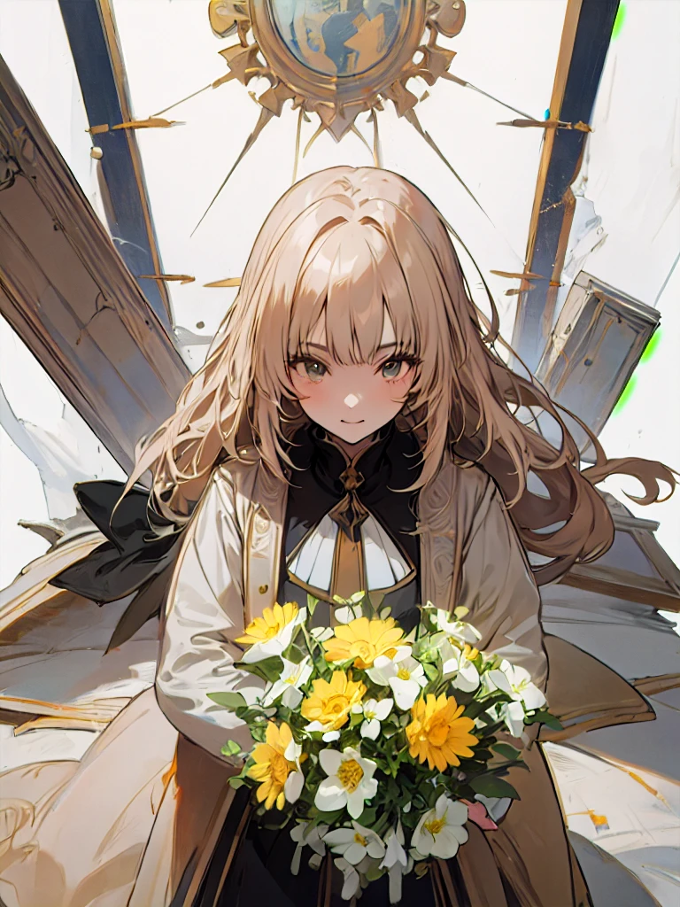leaning front ,girl from upper view、(masterpiece, highest quality, official art:1.2), ,looking at the viewer,1 girl,alone, white background, ,(2D:1.5) ,whole body、Masterpiece、Popular on pixiv、Girl、dress、bouquet、sight、disorganized, absolute resolution, incredibly disorganized, High resolution, Looking at this、stare,lughing smiling、glad,cheerful,cheery