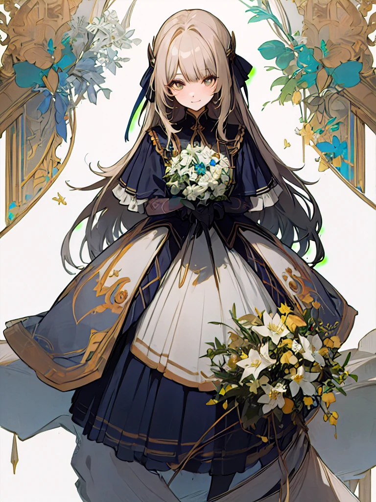leaning front ,girl from upper view、(masterpiece, highest quality, official art:1.2), ,looking at the viewer,1 girl,alone, white background, ,(2D:1.5) ,whole body、Masterpiece、Popular on pixiv、Girl、dress、bouquet、sight、disorganized, absolute resolution, incredibly disorganized, High resolution, Looking at this、stare,lughing smiling、glad,cheerful,cheery