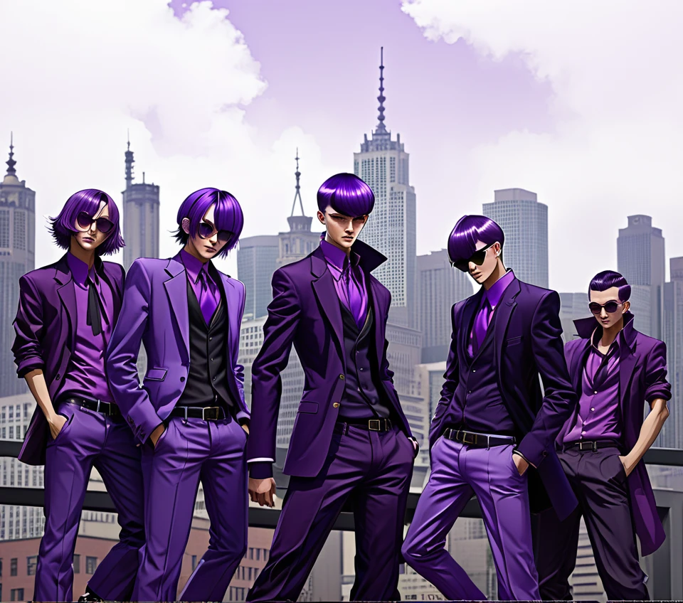The Purple gang of Detroit in anime style. Modern polish Americans, modern Detroit fashion, polish, wearing purple, manga style, epic poses,