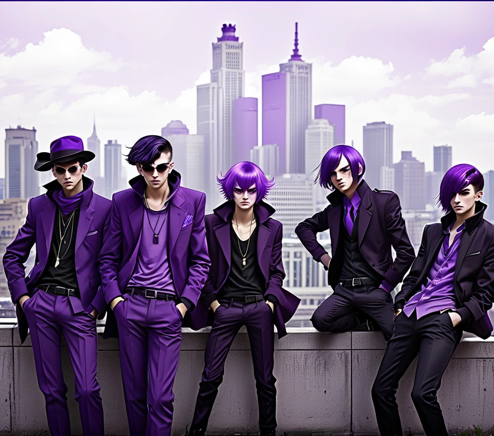 The Purple gang of Detroit in anime style. Modern polish Americans, modern Detroit fashion, polish, wearing purple, manga style, epic poses,