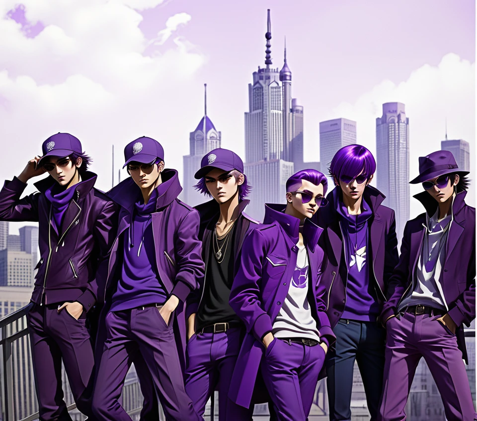 The Purple gang of Detroit in anime style. Modern polish Americans, modern Detroit fashion, polish, wearing purple, manga style, epic poses,