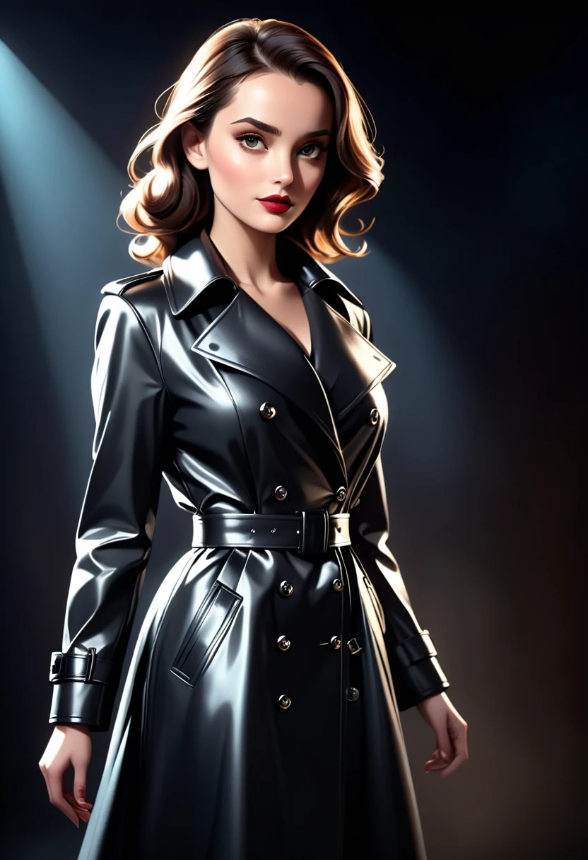 a black trench coat, detailed high fashion coat, leather texture, glossy shine, flowing fabric, cinched waist, elegant silhouette, dynamic pose, moody lighting, dramatic shadows, cinematic atmosphere, (best quality,4k,8k,highres,masterpiece:1.2),ultra-detailed,(realistic,photorealistic,photo-realistic:1.37),chiaroscuro lighting,dramatic lighting,cinematic lighting,dark and moody,film noir inspired
