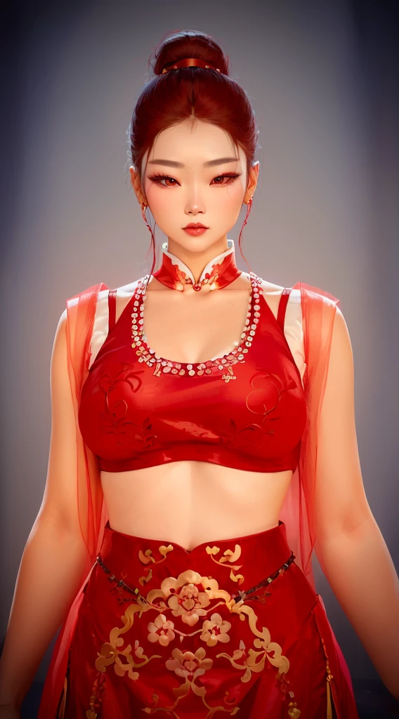 arafed woman in a red outfit with a red top and a red skirt, inspired by Sim Sa-jeong, inspired by Lü Ji, crimson clothes, inspired by Jang Seung-eop, inspired by Lan Ying, inspired by Ju Lian, crimson attire, wearing a red cheongsam, inspired by Kim Deuk-sin, inspired by Yun Du-seo