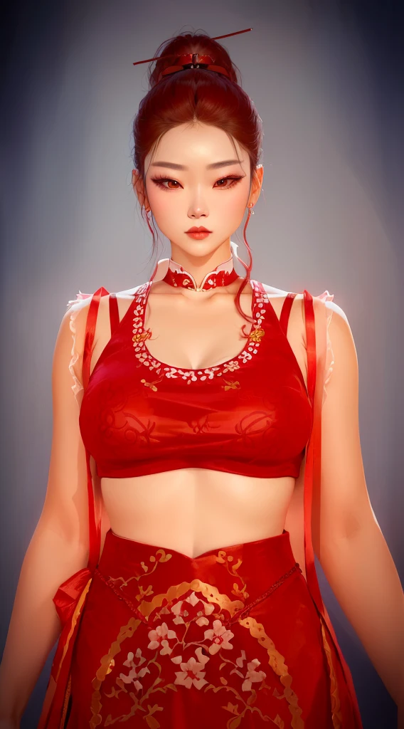 arafed woman in a red outfit with a red top and a red skirt, inspired by Sim Sa-jeong, inspired by Lü Ji, crimson clothes, inspired by Jang Seung-eop, inspired by Lan Ying, inspired by Ju Lian, crimson attire, wearing a red cheongsam, inspired by Kim Deuk-sin, inspired by Yun Du-seo