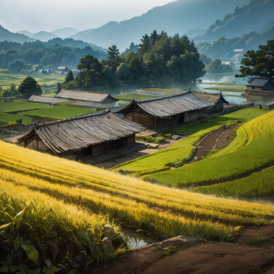 Paddy fieldを歩いている男がいる, in the background is a hut with Paddy field, Paddy field, Paddy fieldにきれいに植えられた稲の苗, hazey rain, village, agriculture, In a quiet landscape, hazey weather, In a vast and peaceful landscape, early morning, in the morning haze, 小さなvillageの裏, haze, Japanese countryside, Thatched roof --v 6