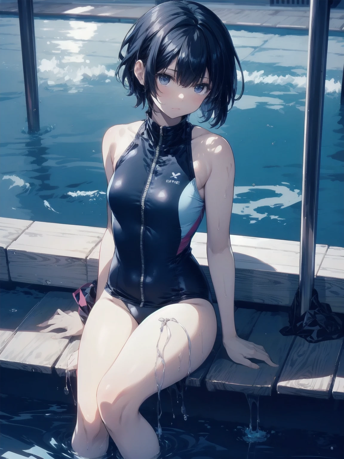 ultra-Top-quality by art God, ultra-detailed, high resolution, shinkai makoto style, anime moe artstyle, best anime 8k konachan wallpaper, pixiv contest winner, perfect anatomy, break,(Please draw a picture of a girl in a swimsuit sitting sleepily on a bench by the poolside alone.),break, a hyperrealistic school girl, (Solo,lolita, ???, 13-year-old:1.3),Full limbs, complete fingers, androgynous charm, (very short hair), wet hair, small breasts,slender body, Small butt, groin, Small black eyes,hanme,beautiful detailed eyes, well-proportioned iris and pupils, sleepy eyes, highres detailed hair, swimsuit, wet swimsuit, bare shoulders, thighs, in the school pool. break,super detailed skin, shiny skin, Best lighting powered by famous artist, 8k, illustration,UHD, textured skin,break,((artist:saiguchi_otoufu )), artist:clamp ,artist:carnelian ,artist:kantoku ,