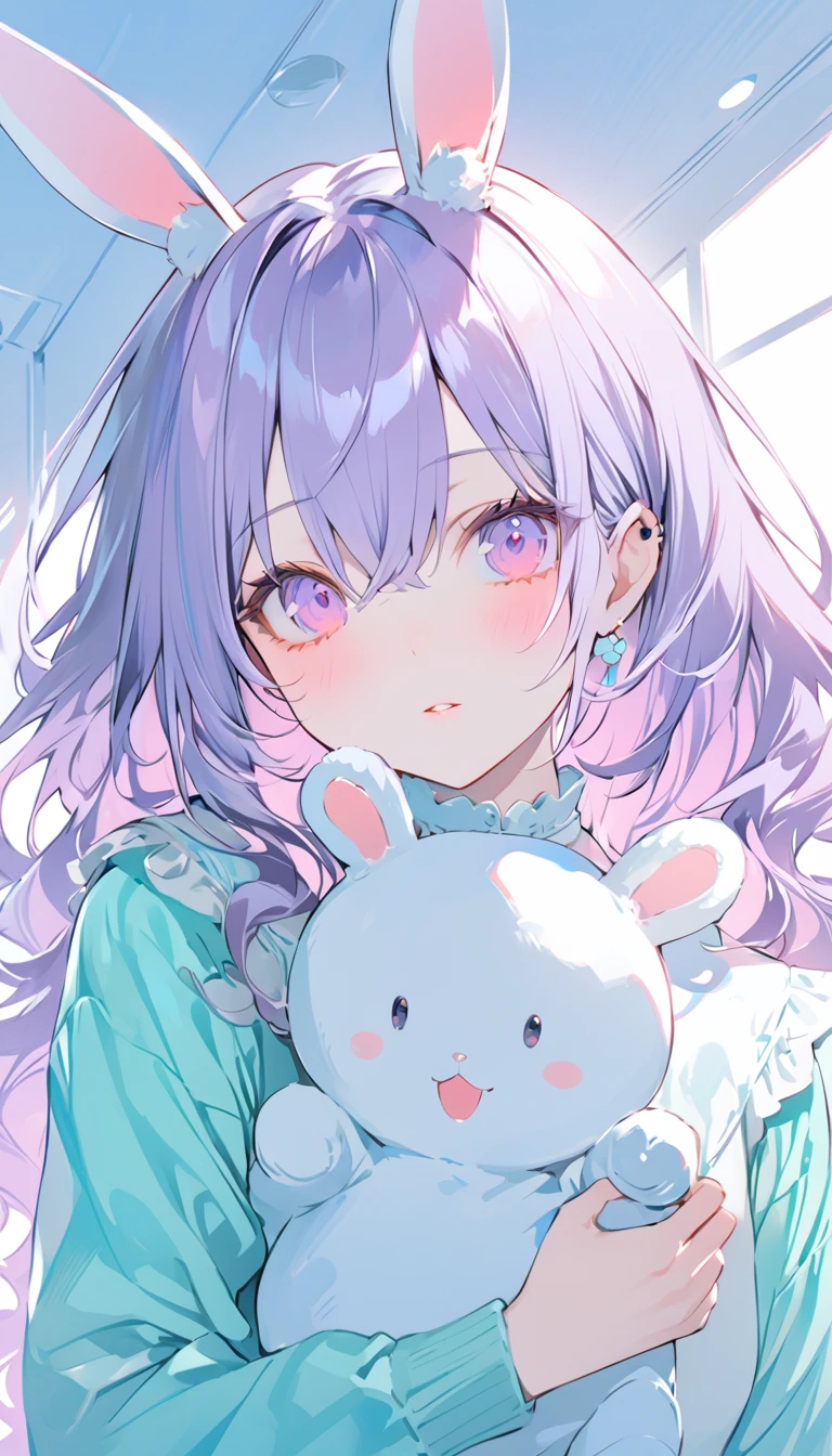 beautiful illustration, best quality, cute girl, bedroom, pastel color, fluffy bunny ears, , silver long hair, rabbit stuffed toy, bright lighting, light pink eyes