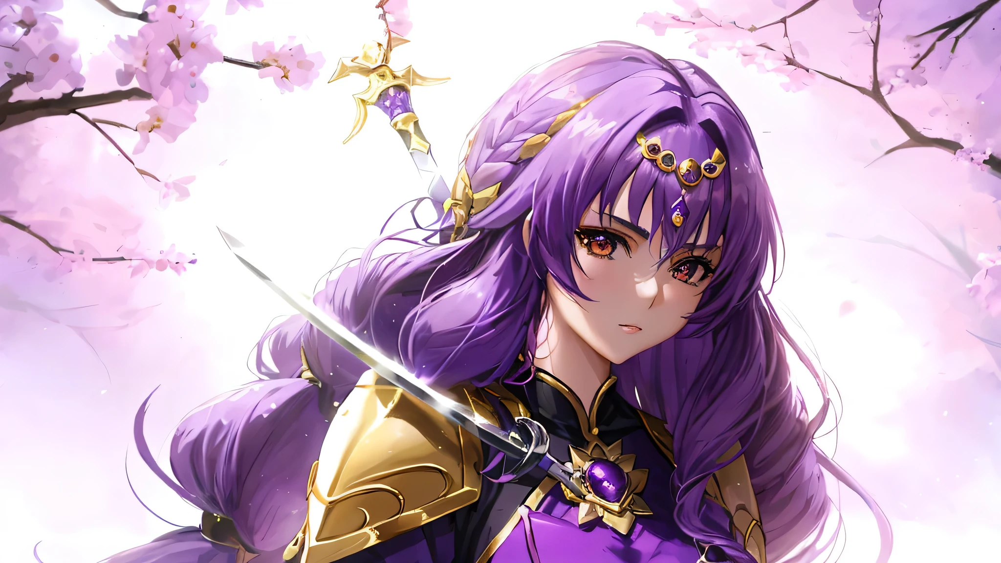 Close-up of a woman in a purple leotard holding a sword, solo, Knight of the Zodiac Girl, Portrait of the Zodiac Girl Knight, Woman with long purple hair, Brown eyed woman, Anime Goddess, The King&#39;s Hymn as a Princess, Muscular Woman, feminine and muscular, Shining Spinel Armor, Boobs,  Big Breasts, A woman with very large breasts, ((Beautiful fantasy empress)), Enchanting Queen Night, Dressed in light armor, Leotard Armor Lady, breastplate armor, shoulder armor, Galactic Queen, Crystal Spinel Armor, Brown pantyhose, tall, The leotard has a high-cut waist, Adult sex appeal, High quality anime art style, Smooth anime CG art, Queen Night, digital manga art, Magical Girl Anime, Spinel Princess, Spinel Reflective Armor, whole body, Cowboy Shot, looking at viewer,