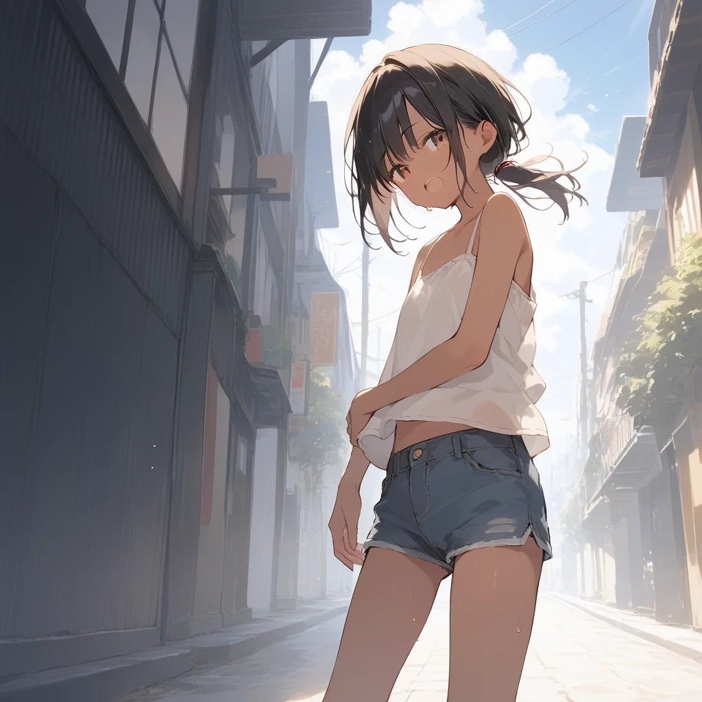 score_9, score_8_up, score_7_up, source_anime, best quality, masterpiece, official art, absurdres, highres, ultra-detailed,waifu2x,Collection: Slice of Life,break,1girl, tomboy, dark-skinned female, short hair, low ponytail, flat chest, beautiful detailed eyes, short shorts, sweat, open mouth, (yawn:0.3), sleepily, outdoors, wind, break,(clear line illustration:1.2),very high resolution, very aesthetic, super detailed skin, Best sexual lighting powered by famous artist, 8k,cute picture,beauty illustration,photoshop_(medium),,(Detailed Lighting),best anime 8k konachan wallpaper, pixiv contest winner, 