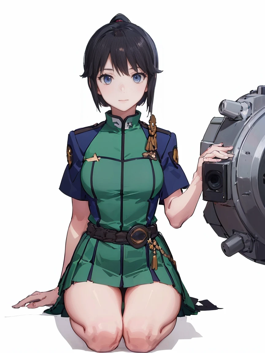 (( Fleet Collection、Kantai Collection、Yao)),((uniform:1.5)))、woman,Cowboy Shot, ((white background))) 、Best image quality, high quality, The background is clear,きれいなwoman, Japanese, detailed, detailed eyes, detailed skin, Beautiful Skin, 超High resolution, (reality: 1.4),とても美しいwoman, 30 years old, Beautiful Skin, thin, (Ultra-photorealism), (High resolution), (8K), (非常にdetailed) 、(Beautiful and detailed eyes), (非常にdetailed), (detailed face), Displaying the viewer, Fine details, detailed face,(((smile:1.4))),Straight,Looking Ahead, StraightLooking Ahead, Photo Real,Hairstyle: ponytail、(((short hair:1.5))),Brown Hair、Very delicate body、Very flat chest、hair over one eye, Normal limbs、seiza