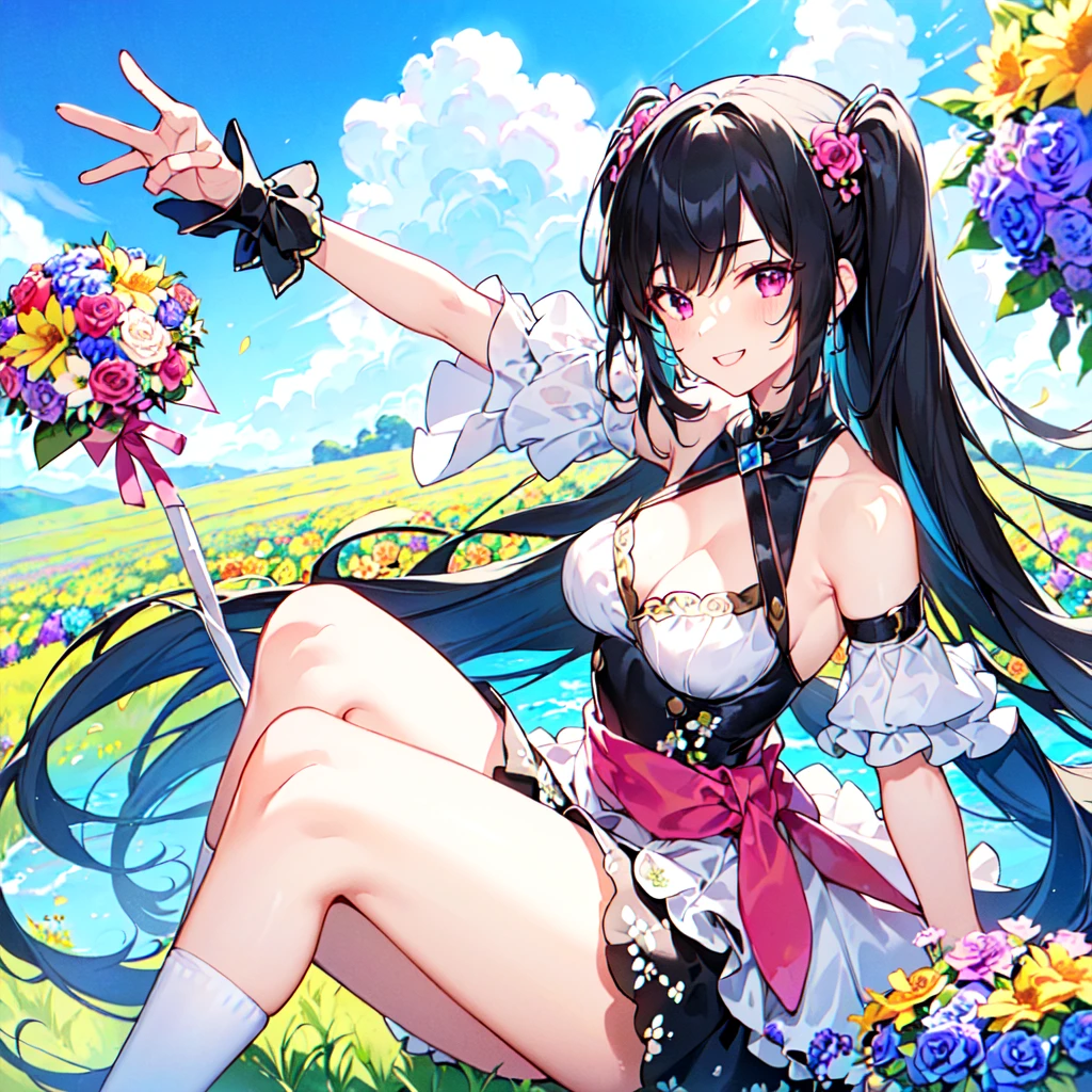 masterpiece, best quality, high quality, extremely detailed, very delicate and beautiful, (1 female 18 years old solo:1.5), (long black hair up to waist with two side up:1.4), bangs to eyebrows, eyes (eyes sharp, strong, glossy, glossy eyebrows), (eye color magenta: 1.3), 6.5 head height, (summer flower print fashion: 1.3), knee socks, ruffles, lace, (smiling), (holding a bouquet of summer flowers: 1.3), (dynamic pose), (background summer colorful flower field: 1.3), (Blue Sky: 1.3)