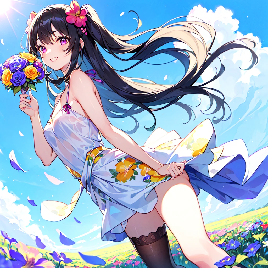 masterpiece, best quality, high quality, extremely detailed, very delicate and beautiful, (1 female 18 years old solo:1.5), (long black hair up to waist with two side up:1.4), bangs to eyebrows, eyes (eyes sharp, strong, glossy, glossy eyebrows), (eye color magenta: 1.3), 6.5 head height, (summer flower print fashion: 1.3), knee socks, ruffles, lace, (smiling), (holding a bouquet of summer flowers: 1.3), (dynamic pose), (background summer colorful flower field: 1.3), (Blue Sky: 1.3)
