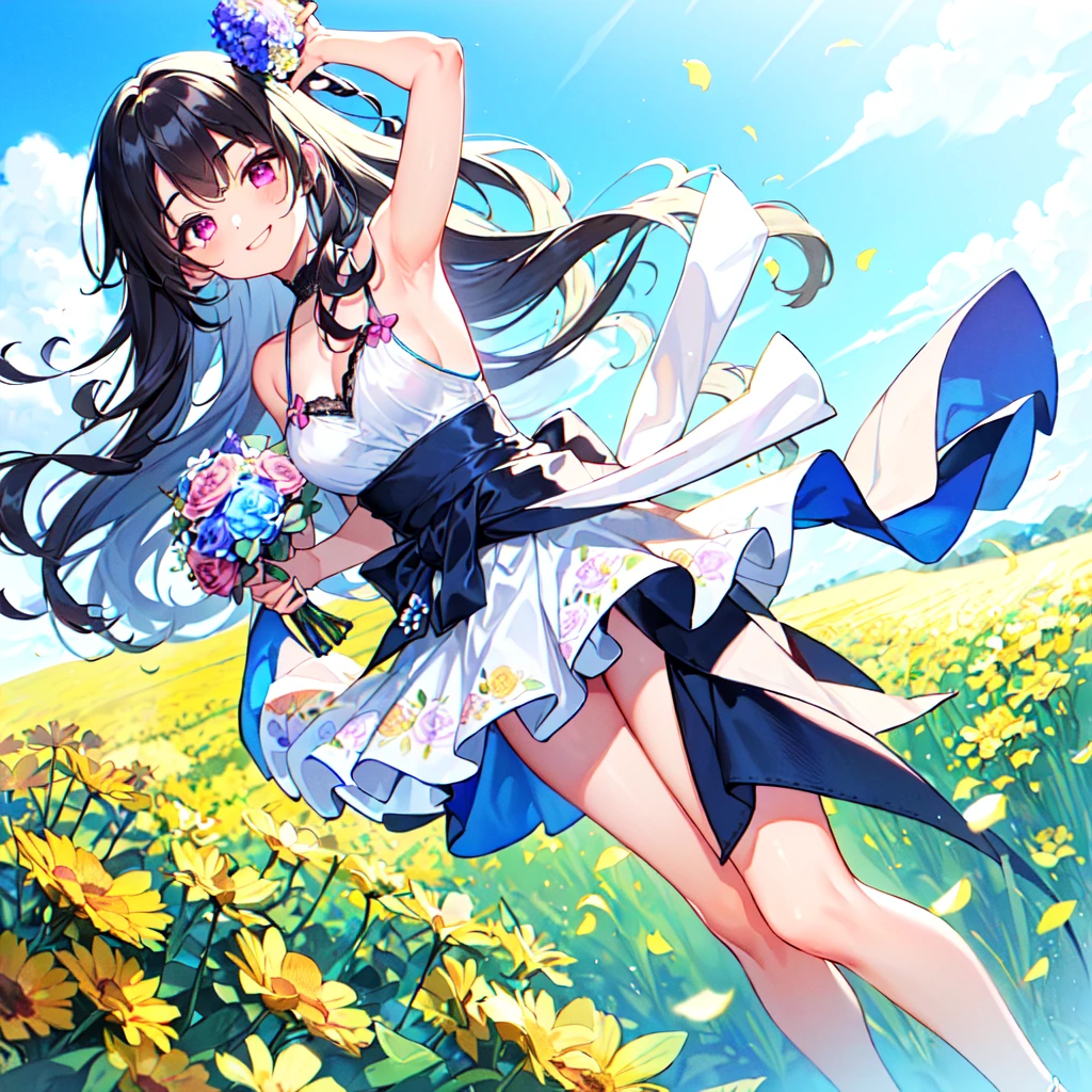 masterpiece, best quality, high quality, extremely detailed, very delicate and beautiful, (1 female 18 years old solo:1.5), (long black hair up to waist with two side up:1.4), bangs to eyebrows, eyes (eyes sharp, strong, glossy, glossy eyebrows), (eye color magenta: 1.3), 6.5 head height, (summer flower print fashion: 1.3), knee socks, ruffles, lace, (smiling), (holding a bouquet of summer flowers: 1.3), (dynamic pose), (background summer colorful flower field: 1.3), (Blue Sky: 1.3)