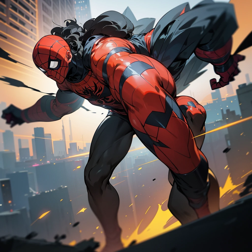 a man with a tourist physique, wearing a spider-man outfit without the mask, curly black hair, detailed face, dynamic pose, action scene, urban city background, cinematic lighting, vibrant colors, 8k, hyper-detailed, photorealistic, art by concept artist, moody atmosphere