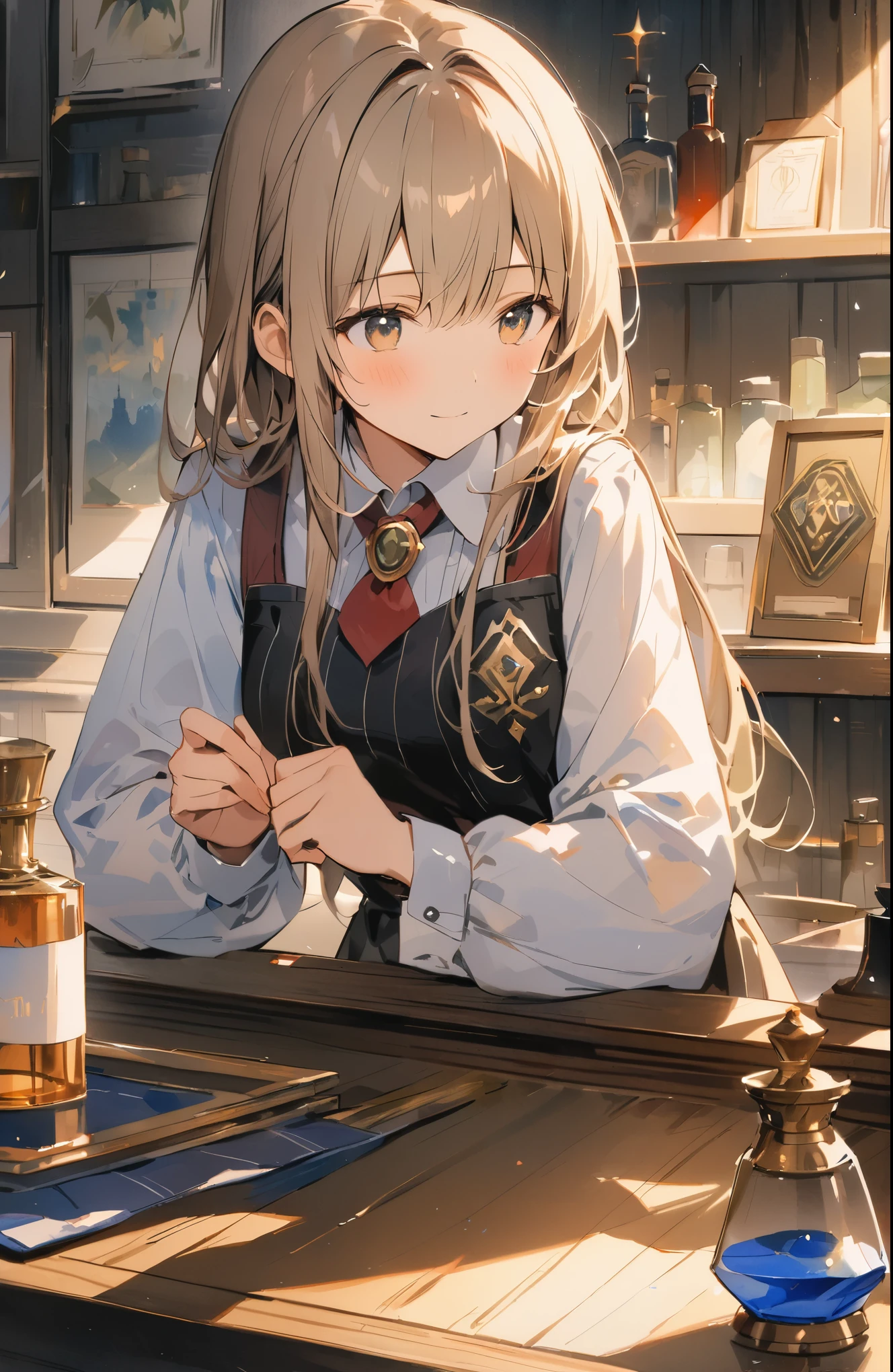 Light production、absurdres,watercolor,oil,超High resolution, Attention to detail, high quality, High resolution, 最high quality, 4K, 8K, Awards, (artwork)、Magical goods store clerk、Otherworldly fantasy、Lean forward against the counter、cute、18-year-old、(Another World Clerk's costume:1.37)、hair ornaments