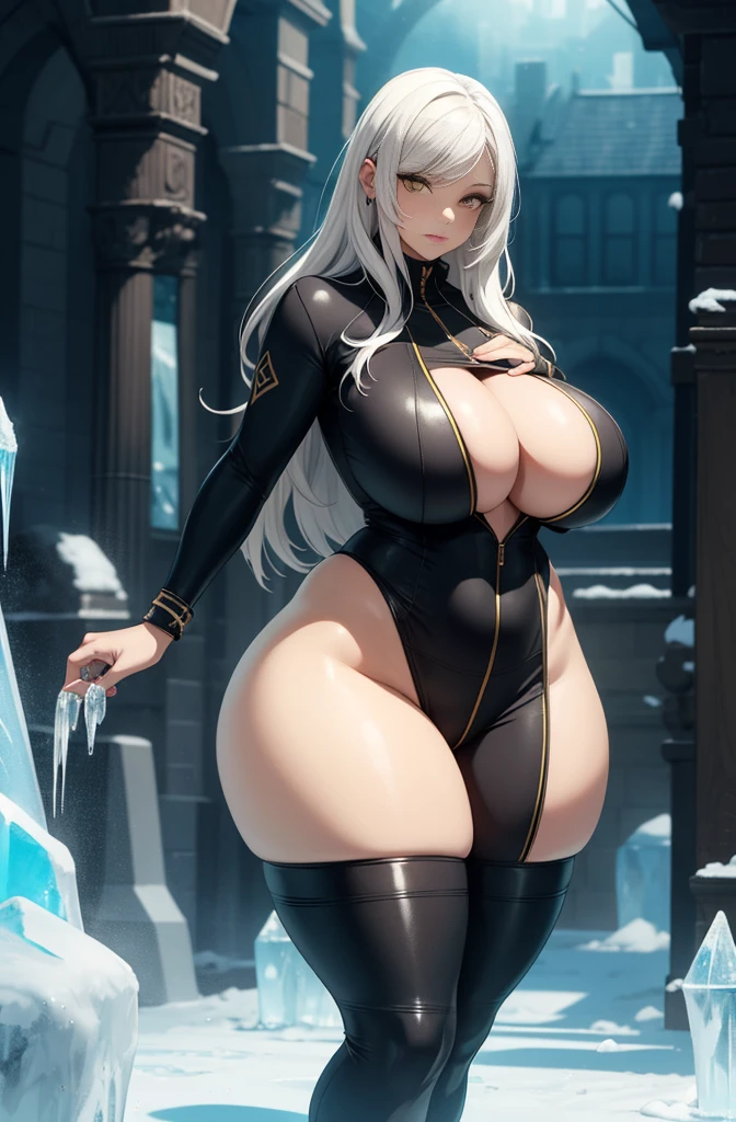 female, solo, young, sexy body, voluptuous figure, tightsuit, white hair, decolored blonde hair, ice effects around, ice queen, beautifull face, long hair, defined body, yellow and bright eyes, thick legs, strong legs, tall, Voluptuous legs, huge ass, big hip, big ass, female sorcerer, blue and black robes,