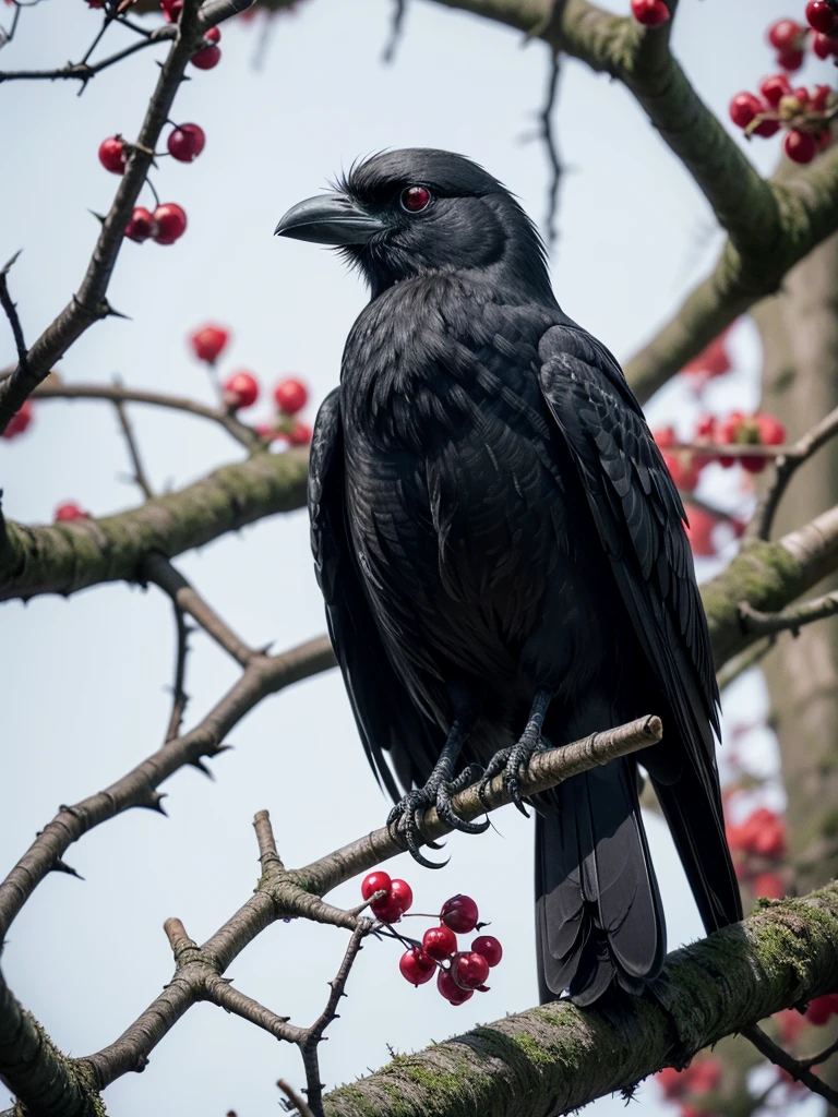 Create a sophisticated, red-eyed black crow  ,in a tree with thorns around it leaning on a tree branch 