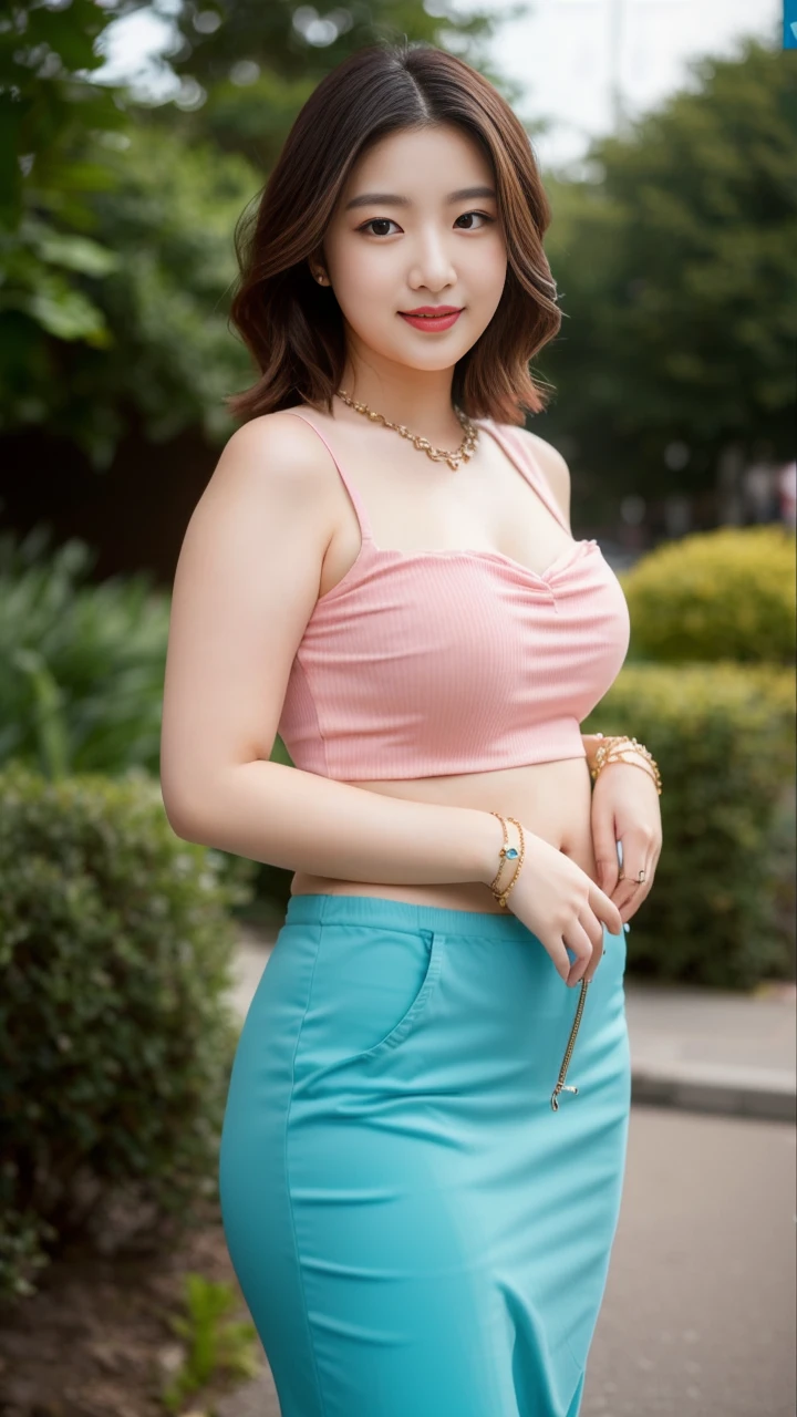 ((best quality)), ((masterpiece)), (detailed), perfect face, araffe woman in a long dark-blue shirt and blue denim skirt walking down a street, thicc, wavy short hair , she has a jiggly fat round belly, bbwchan, wearing tight simple clothes, skinny waist and thick hips, widest hips, her belly is fat and round, soft curvy shape, hyperrealistic full figure, wearing a cute top, wide hips, wearing 10 bracelet , wearing huge diamond necklace