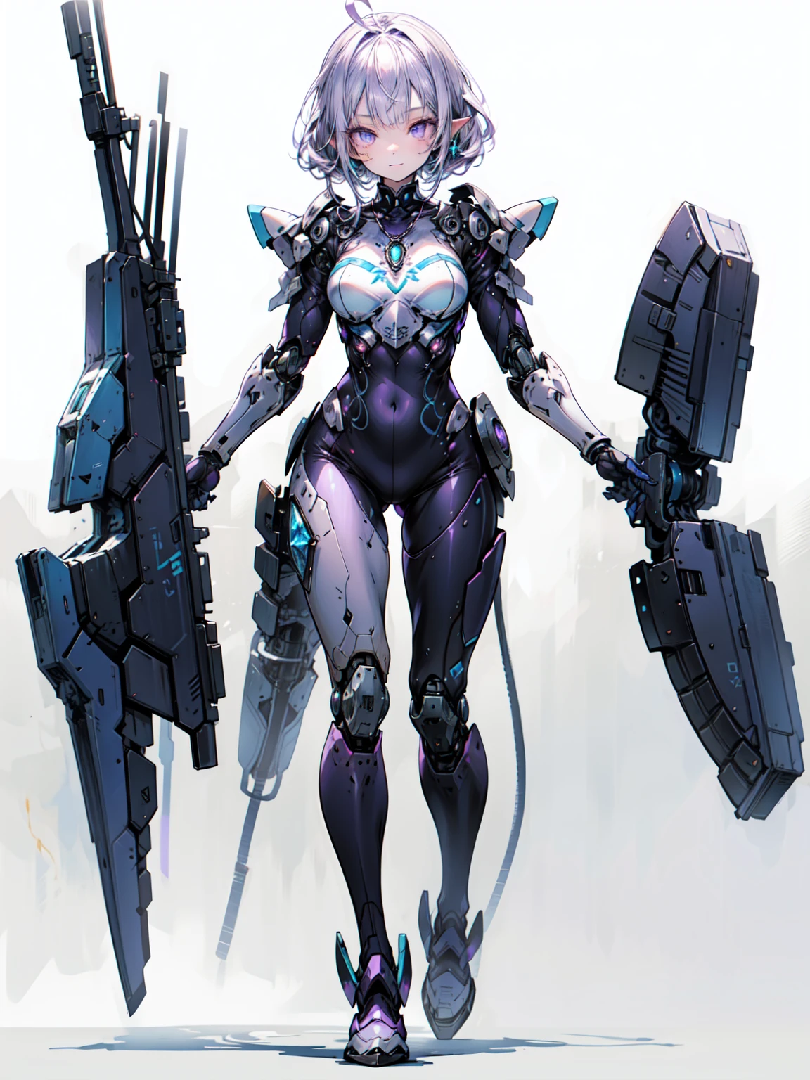 Cute adult girl standing ,Girl Focus, [full body 鎧], Organic Armor Cyborg、Machine Armor、((Plain gray background)),  poker face, still、(One Girl:1.3), bangs,necklace , （Snow White&#39;s Armor), Super detailed, Crystal purple eyes,thin, Technology of Wonders, Long Hair, Animetic, alone, Silk White Hair, high quality, Mastette Piece,Very detailed,[Wide Hips] , beautiful girl, [detailed aspects], See details of actual operation, Very detailed目,Expressionless emotions, Beautiful Eyes、Blake、Armor Texture、（Dark Elf), (1 Girl), alone, Perfect Face, Get used to it, Ahoge, ((Long Hair:1.2)), [[Messy Hair]], 光沢のあるPurple Hair, Purple eyes, Variegated eyes, Purple Hair, Shining Eyes, (eyelash, eye shadow, purple eye shadow), bright, smile, Design Art：Haruhiko Mikimoto, by Kawashi, By Yoshitaka Amano