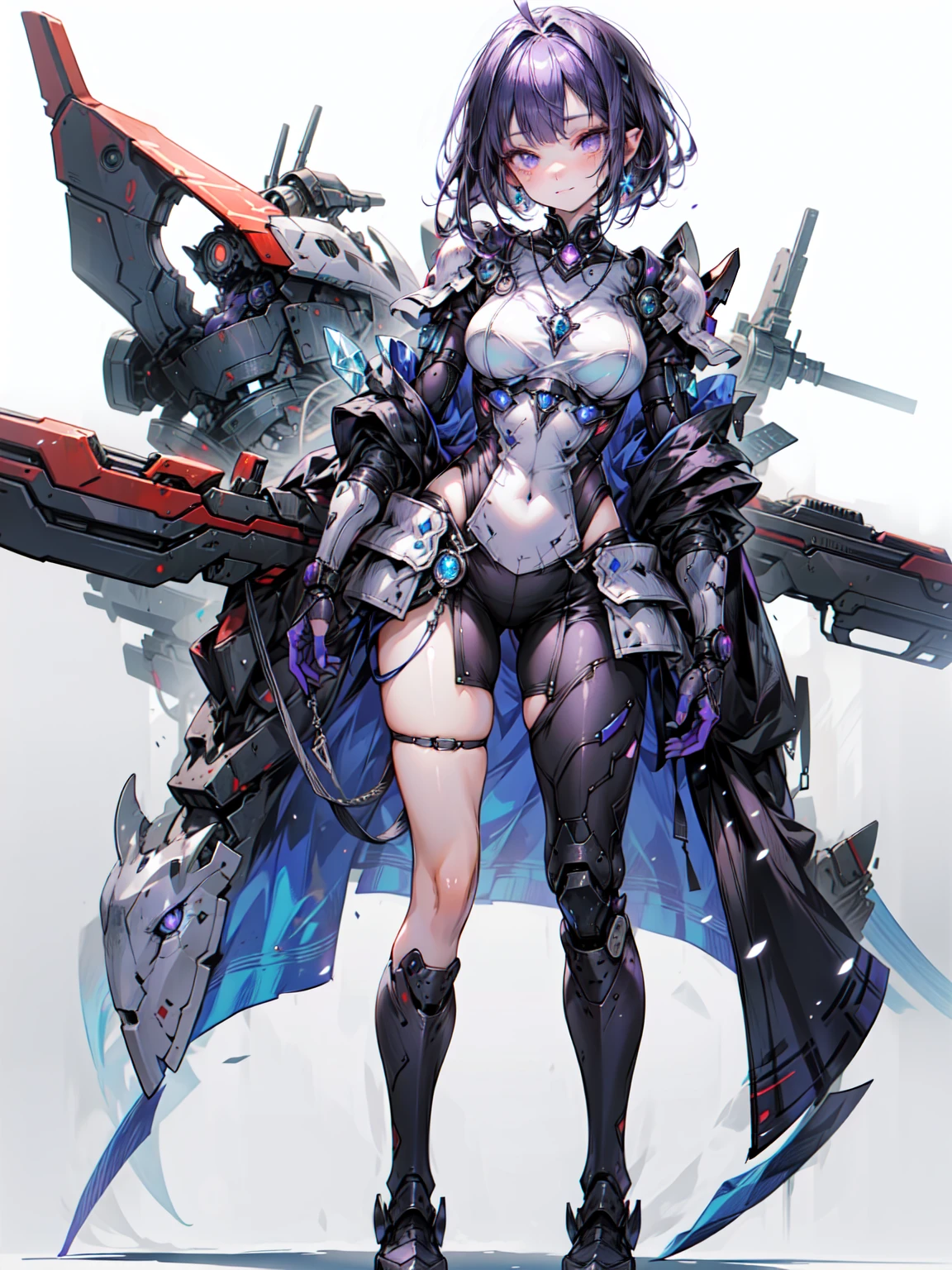 Cute adult girl standing ,Girl Focus, [full body 鎧], Organic Armor Cyborg、Machine Armor、((Plain gray background)),  poker face, still、(One Girl:1.3), bangs,necklace , （Snow White&#39;s Armor), Super detailed, Crystal purple eyes,thin, Technology of Wonders, Long Hair, Animetic, alone, Silk White Hair, high quality, Mastette Piece,Very detailed,[Wide Hips] , beautiful girl, [detailed aspects], See details of actual operation, Very detailed目,Expressionless emotions, Beautiful Eyes、Blake、Armor Texture、（Dark Elf), (1 Girl), alone, Perfect Face, Get used to it, Ahoge, ((Long Hair:1.2)), [[Messy Hair]], 光沢のあるPurple Hair, Purple eyes, Variegated eyes, Purple Hair, Shining Eyes, (eyelash, eye shadow, purple eye shadow), bright, smile, Design Art：Haruhiko Mikimoto, by Kawashi, By Yoshitaka Amano
