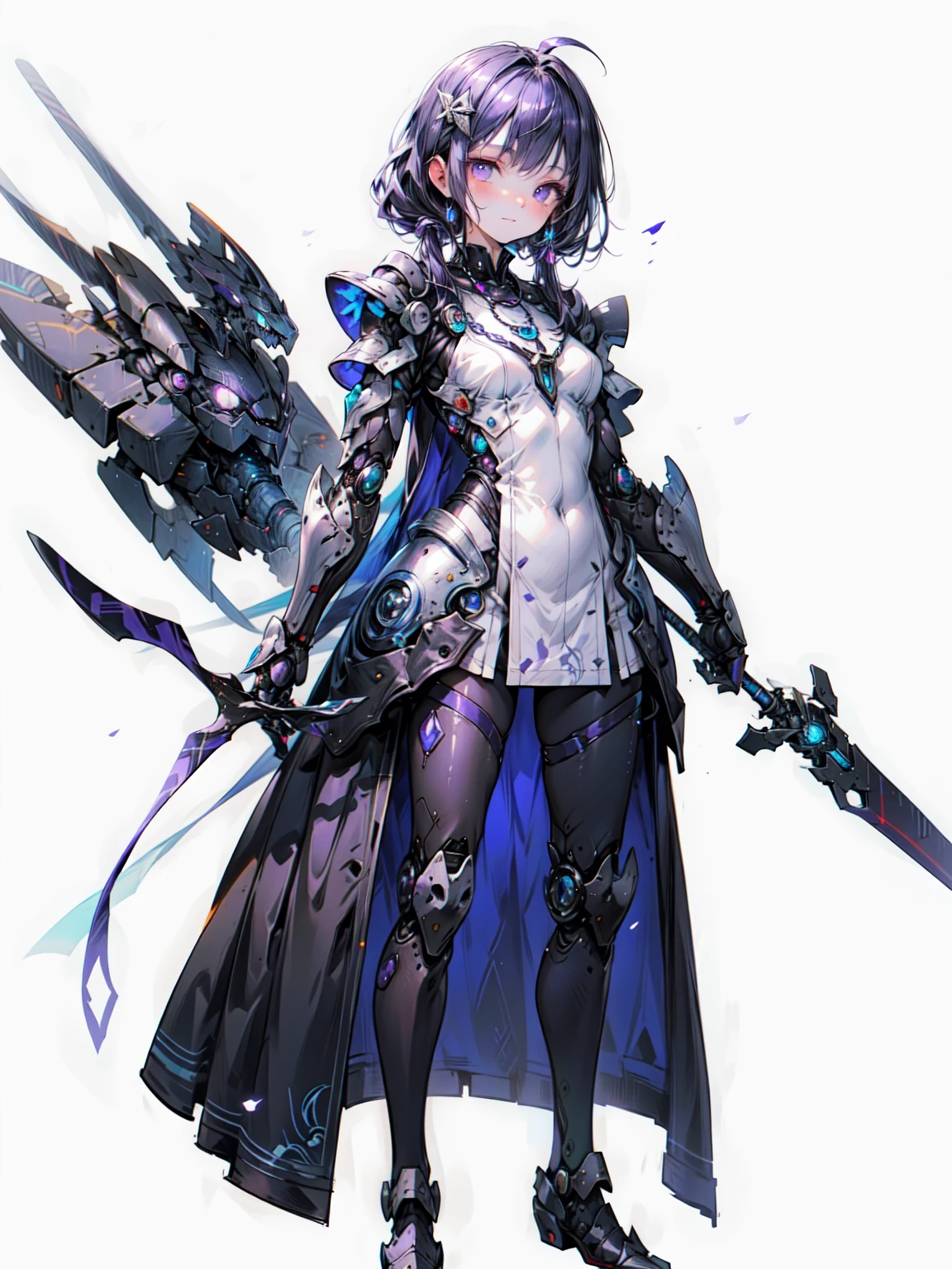 Cute adult girl standing ,Girl Focus, [full body 鎧], Organic Armor Cyborg、Machine Armor、((Plain gray background)),  poker face, still、(One Girl:1.3), bangs,necklace , （Snow White&#39;s Armor), Super detailed, Crystal purple eyes,thin, Technology of Wonders, Long Hair, Animetic, alone, Silk White Hair, high quality, Mastette Piece,Very detailed,[Wide Hips] , beautiful girl, [detailed aspects], See details of actual operation, Very detailed目,Expressionless emotions, Beautiful Eyes、Blake、Armor Texture、（Dark Elf), (1 Girl), alone, Perfect Face, Get used to it, Ahoge, ((Long Hair:1.2)), [[Messy Hair]], 光沢のあるPurple Hair, Purple eyes, Variegated eyes, Purple Hair, Shining Eyes, (eyelash, eye shadow, purple eye shadow), bright, smile, Design Art：Haruhiko Mikimoto, by Kawashi, By Yoshitaka Amano