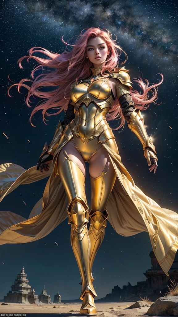 ((best quality)), ((masterpiece)), (ultra detailed lights), ((full body shot)), ((skinny body)), indonesian girl, extremely beautiful, ((slim body)), thighs gap, ultra face details, 20 years old, ((pink curvy-hair)), ((hair blown by strong winds :1.3)), Award-winning photograph, ((symmetrical pose)), teen goddess in ((full body golden black armor)) are in the middle of battlefield, posing in the middle, ((thight golden armour)), ((extremely details armor)), ((tight latex panties)), ((24k-gold armor)), ((edge luminous armor)), epic lights reflections, at beach, full of stars, orange clouds, nebula sky, epic aurora borealis in the background, shooting stars, ((from below))