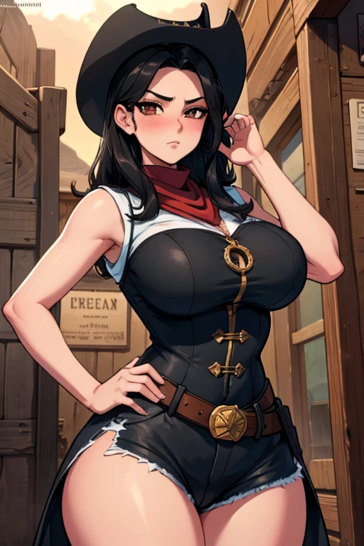 Perfect face, Perfect hands. A black haired female cowgirl with brown eyes and an hourglass figure in a conservative cowgirl's outfit is blushing in a sheriff's office in a wild west town. 