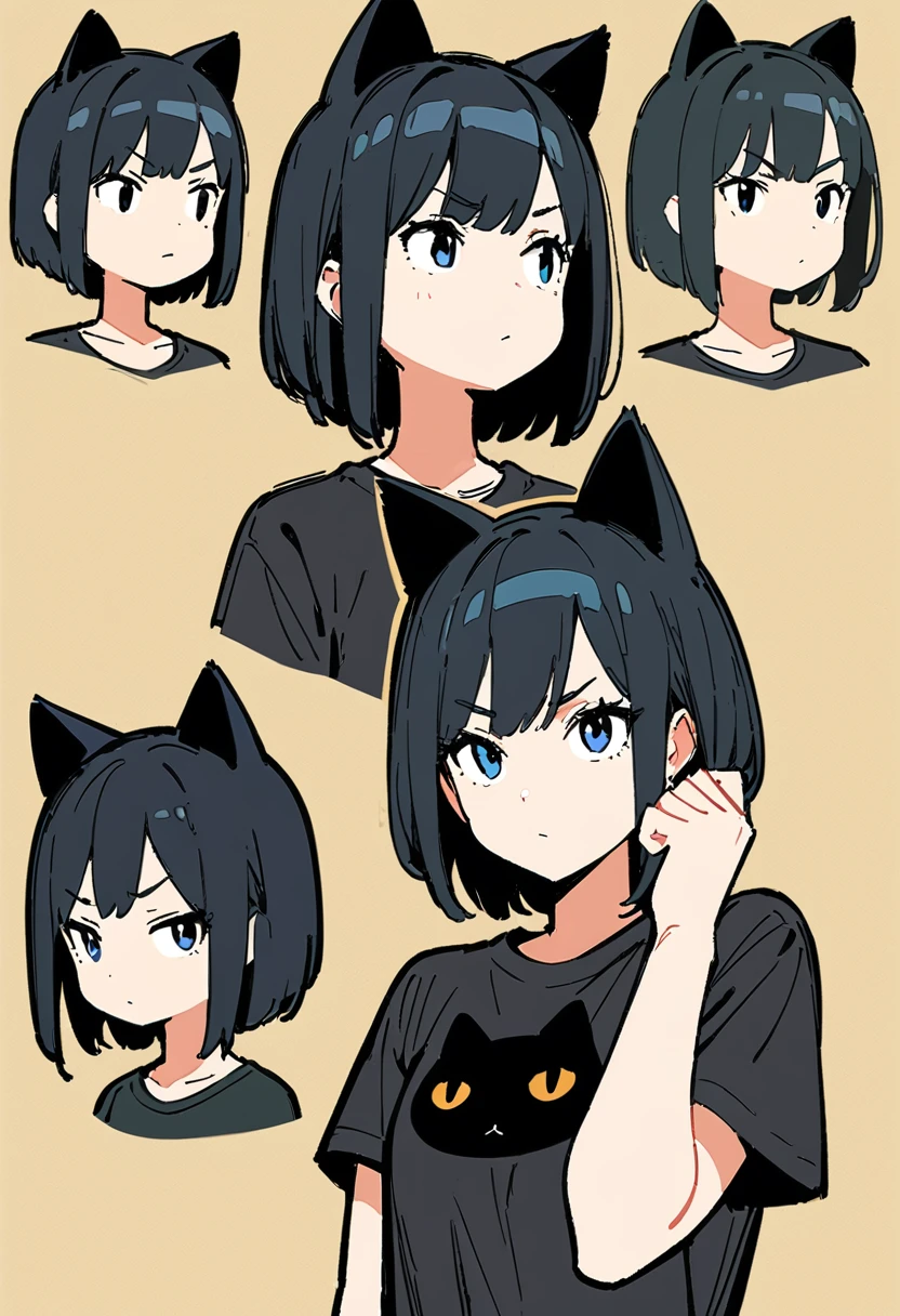 (Thick painting style),Thick line drawing, ((masterpiece,)),(((Highest quality))),(sketch),((Adult women in their 20s)),Short black hair,Black cat ears,T-Shirts,jeans,(((Thinking face,Character Portrait,Full Art))),((flat chest)),Dynamic pose