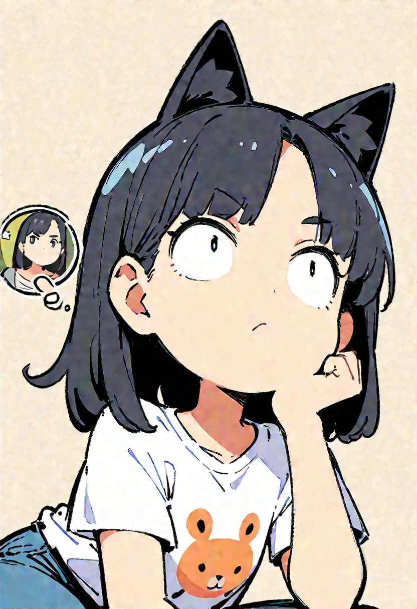 (Thick painting style),Thick line drawing, ((masterpiece,)),(((Highest quality))),(sketch),((Adult women in their 20s)),Short black hair,Black cat ears,T-Shirts,jeans,(((Thinking face,Character Portrait,Full Art))),((flat chest)),Dynamic pose